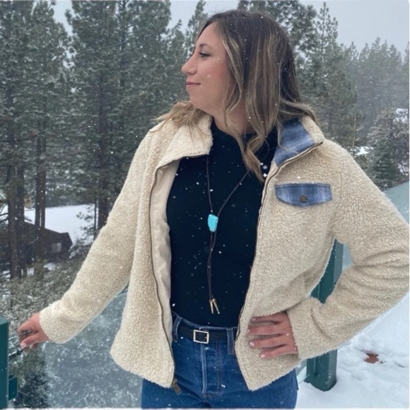 Pendleton Beige deep pile Sherpa fleece plaid accent full zip cozy warm jacket - Picture 8 of 9